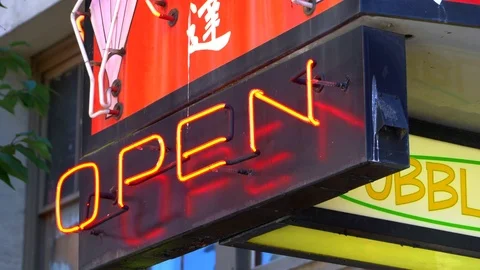 4K Blinking Neon Open Shop Sign, Glowing Electric Signage in Day Time Stock Footage 78493770