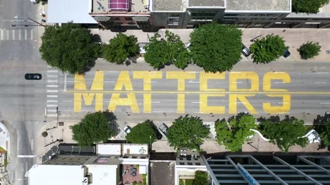 4K BLM Sign Mural Text Downtown Austin Texas Aerial City Protest Equal Stock Footage 134746607