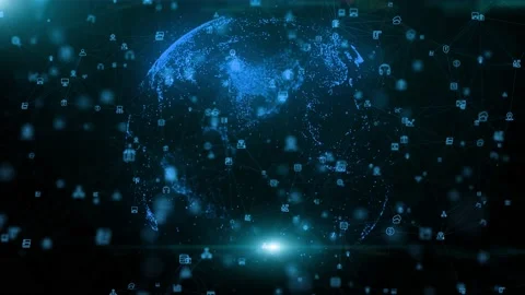 4K Blue Digital AI Globe Internet Web Network Blockchain Connection Background Stockbeeldmateriaal 204054849