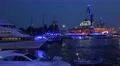 4k Blue illuminated boats crusing in the Hamburg harbour night 4k or 4k+ Resolution