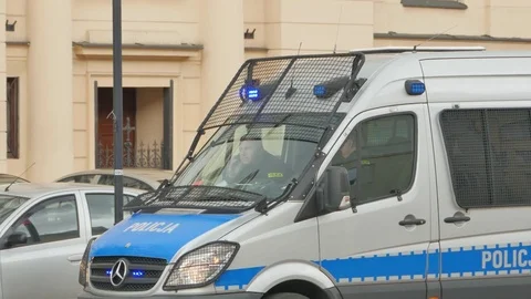4K Blue Lights Flashing, Europe Police Van Patrol Vehicle, Security Symbol Stock Footage