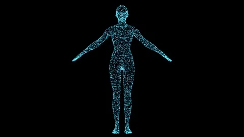 4K blue particles glowing Digital human woman or female body wireframe scanning. Video stock 344095889