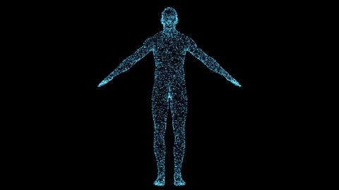 4K blue particles glowing Digital human woman or female body wireframe scanning. Vidéo 344095892
