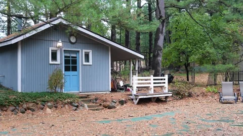 4K Blue Pool House in Forest Backyard after Autumn Rain Stock Footage 320763637