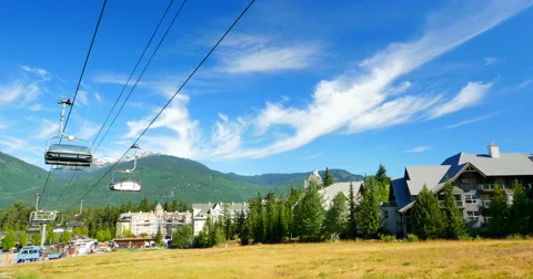 4K Blue Sky and Cable Car Gondolas, Warm Summer Day, Whistler Mountain Stock Footage 52144100