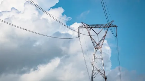 4K Blue Sky White Cloud Power Tower Power Transmission State Grid Time Lapse Video stock 346738496