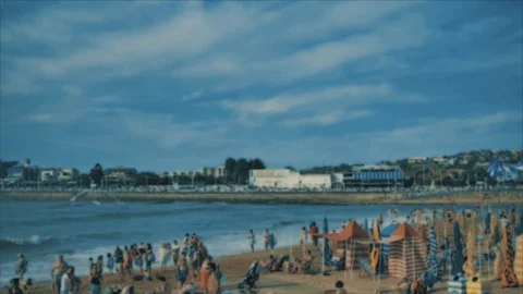 4k blured view of summer baech at Atlantic coast, Cantabrian sea, a lot of Stock Footage 93285297