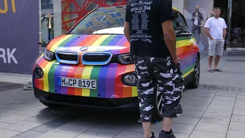 4K BMW on rainbow color at music concert Gay Lesbian Marriage for All Germany Stock Footage