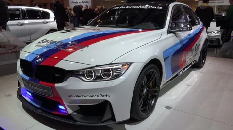 4k BMW Safety Car with blinking lights motorshow exhibition Stock Footage 51935034