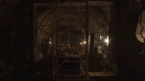 4K Boring machines on underground construction site of subway metro mountain Stock Footage 119773011