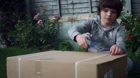 4K Boy Opening an Cardboard Box with Present Stock Footage 80238135