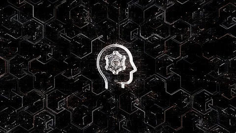 4k Brain AI Artificial Intelligence circuit,Matrix binary computer code text. Stock Footage 115471057