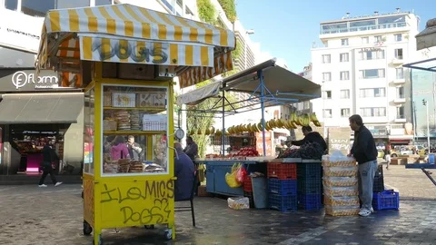 4K Bread and vegetable seller Monastiraki Metro square Athens Greece Europe Stock-Footage 70465826