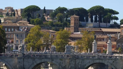 4K Bridge Over The Tiber River in Rome With The Vatican Gardens in Background. Stock Footage 97521345