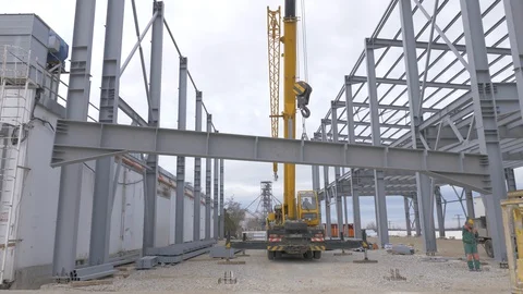 4K Building A Steel Construction Process, Workers, Crane And Aerial Platform Video stock 127833539