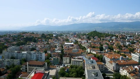 4K Bulgaria Skyline Reverse Drone Reveal Cultural Center Centre Plovdiv Stock Footage 121480894