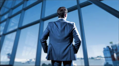 4K Business Man in Front of Window, Airport Terminal Travel Passenger Stock Footage 67599543