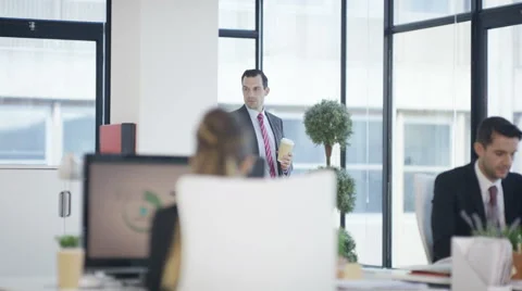 4K Business man & woman having conversation in modern city office Stock Footage