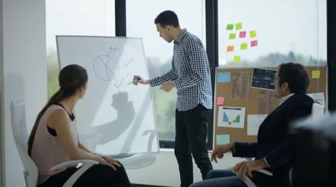 4K Business marketing team brainstorming for ideas with whiteboard in office Stock Footage