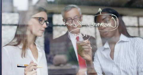 4K Business problem solving concept with business team drawing diagram on glass Video stock 101420204