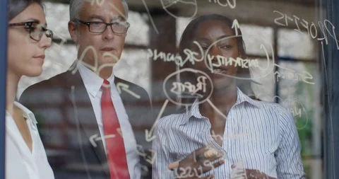 4K Business team of mixed ages &amp; ethnicity brainstorming &amp; writing on glass Stock Footage 101425058