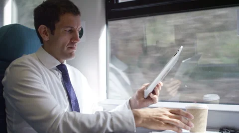 4k Businessman working on digital tablet on train journey 스톡 동영상 52004337