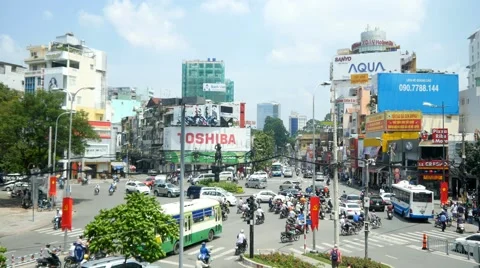 4k busy city traffic intersection pedestrians rush hour center crowd cars people Stock Footage 56669610