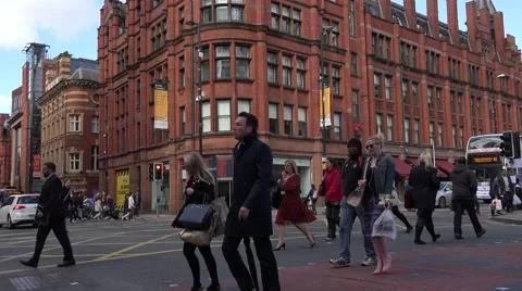 4K Busy intersection street traffic car Manchester people travel city center day Stock Footage 60166709