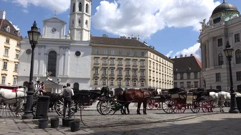 4K Busy traditional chariot parking in Vienna old town horse rest tourism icon Stock Footage