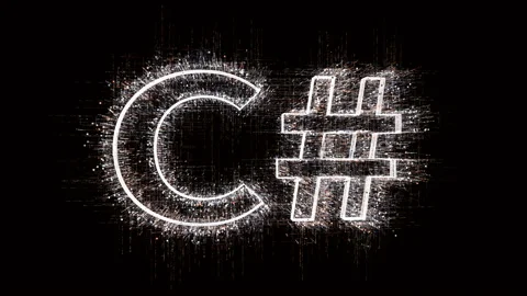 4k C# Programming language word tag cloud,binary computer code. Stockbeeldmateriaal 111509481