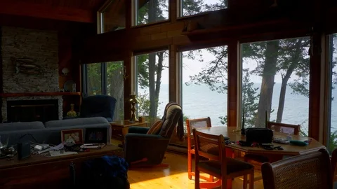4K Cabin Log House View, Lake Side Water, Rustic Windows House Stock Footage 81116174