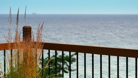 4K Cabin Railing View of Ocean Horizon, Cottage Landscape View Stock Footage 78710791