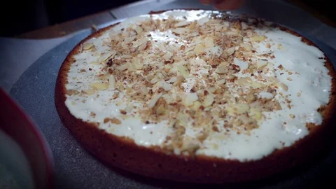 4K Cake Baker Adding Nuts to Sponge and Cream Video stock 74287866