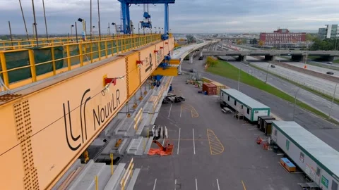 4K camera drone close up view of the contruction site of the REM (Metropolita Stock-Footage 163769344