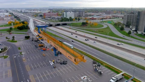 4K camera drone view of the construction site of the REM (Metropolitan Expres Video stock 164000675