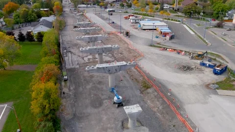 4K camera drone view of the construction site of the REM (Metropolitan Expres Vídeos de archivo 164566038