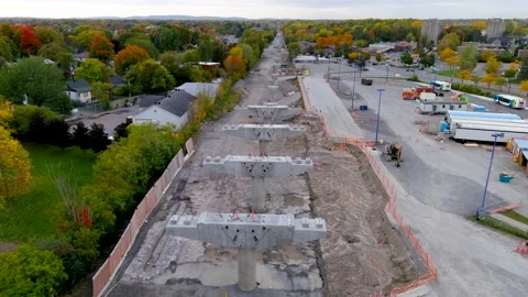 4K camera drone view of the construction site of the REM (Metropolitan Expres Stock Footage 164616617