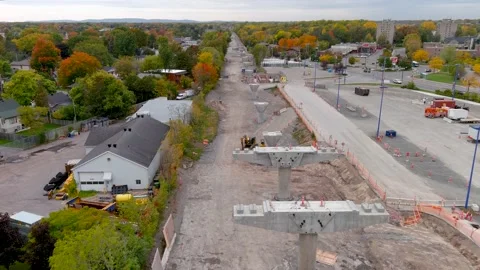 4K camera drone view of the construction site of the REM in Montreal, Canada. 스톡 동영상 164617407