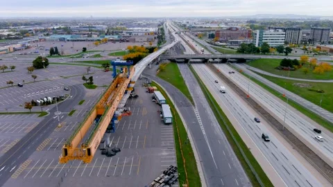 4K camera drone view of the contruction site of the REM (Metropolitan Express 스톡 동영상 163297560