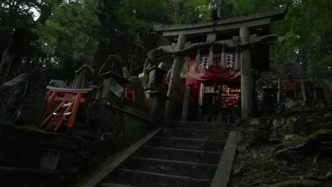 4K Camera Twist Roll Sacred Prayer Stone Sculptures at Fushimi Inari Shrine — in Видео 150819721