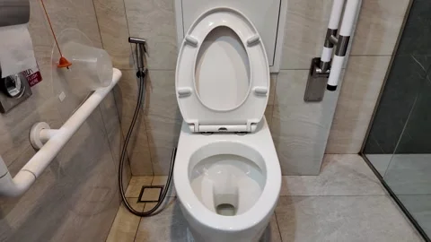 4K Camera video of clean modern toilet with bidet and support bars Stock Footage 325720547