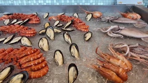 4K Camera video of fresh seafood on ice at buffet display Stock Footage 325720567