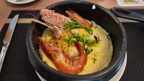 4K Camera video of steamed egg with shrimp and crab in bowl Stock Footage 325720679