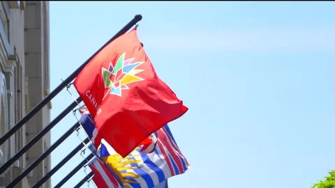 4K Canada 150 Maple Leaf Flag,  National Anniversary Blowing in Wind Slow Motion Video stock 76925391