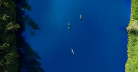 4K - Canoe on the river. view from above Видео 98444428