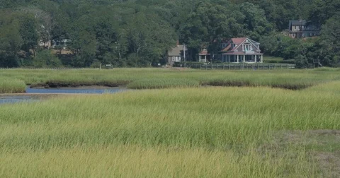 4K Cape Cod House on Marsh Land Stock Footage 70920292