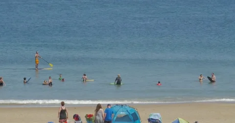 4K Cape Cod Paddle Boarder Beach Crowd Vídeos de archivo 70908132
