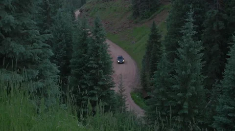 4k Car drives through forest on dirt road Stock Footage 56602779