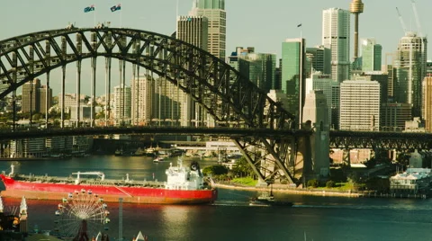 4K Cargo ship passes under Sydney Harbour Bridge static Stock Footage 58568779