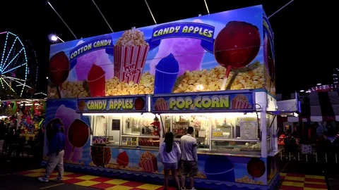 4K Carnival Arcade Fiesta snack bar, popcorn candy food and drink Stock Footage